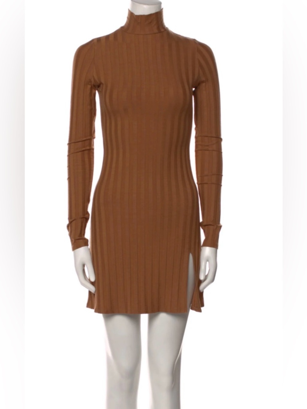 REFORMATION Ribbed Long-Sleeve Mini Dress in Camel